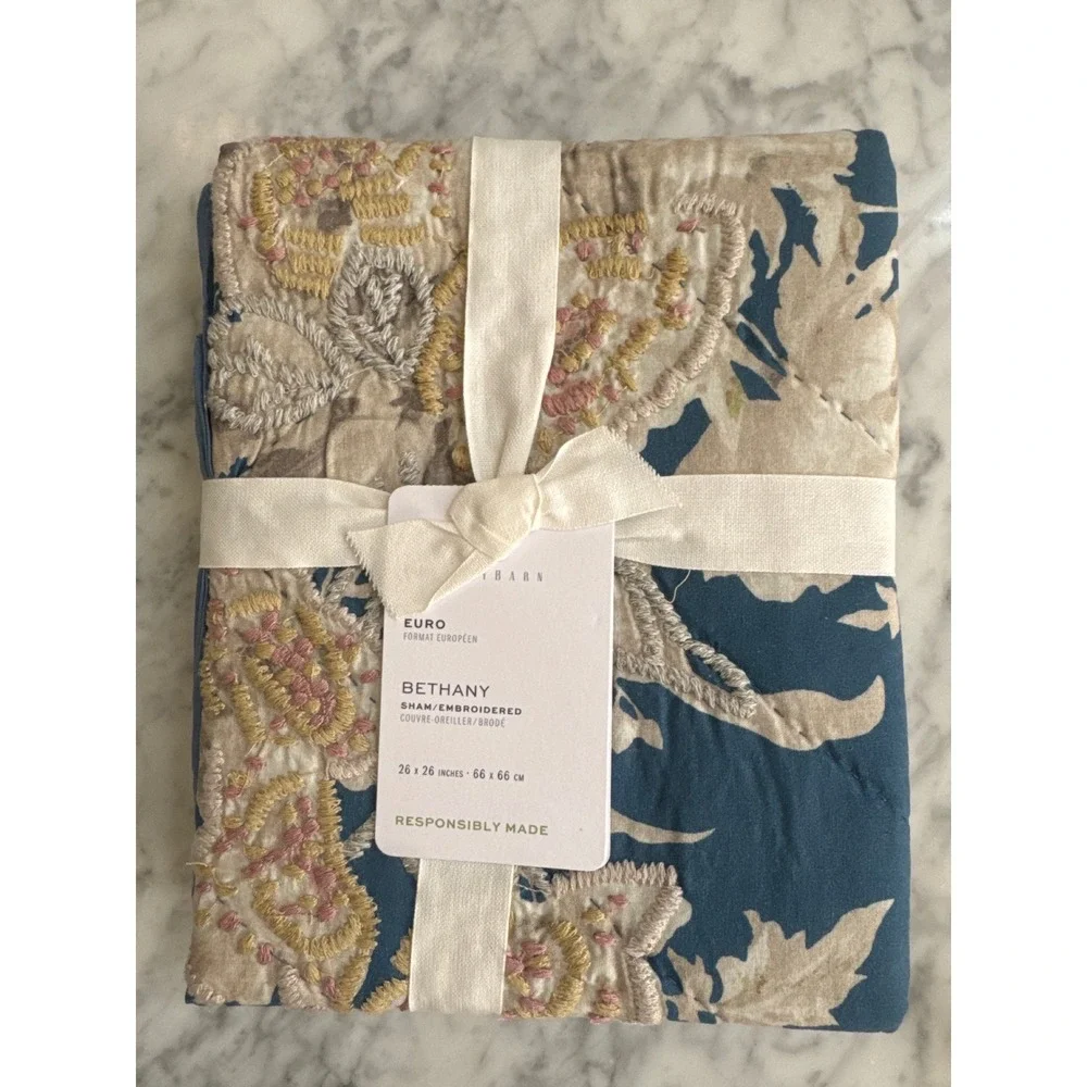 Pottery Barn Bethany Floral Embroidered Reversible Quilted Euro Sham 26x26 Blue